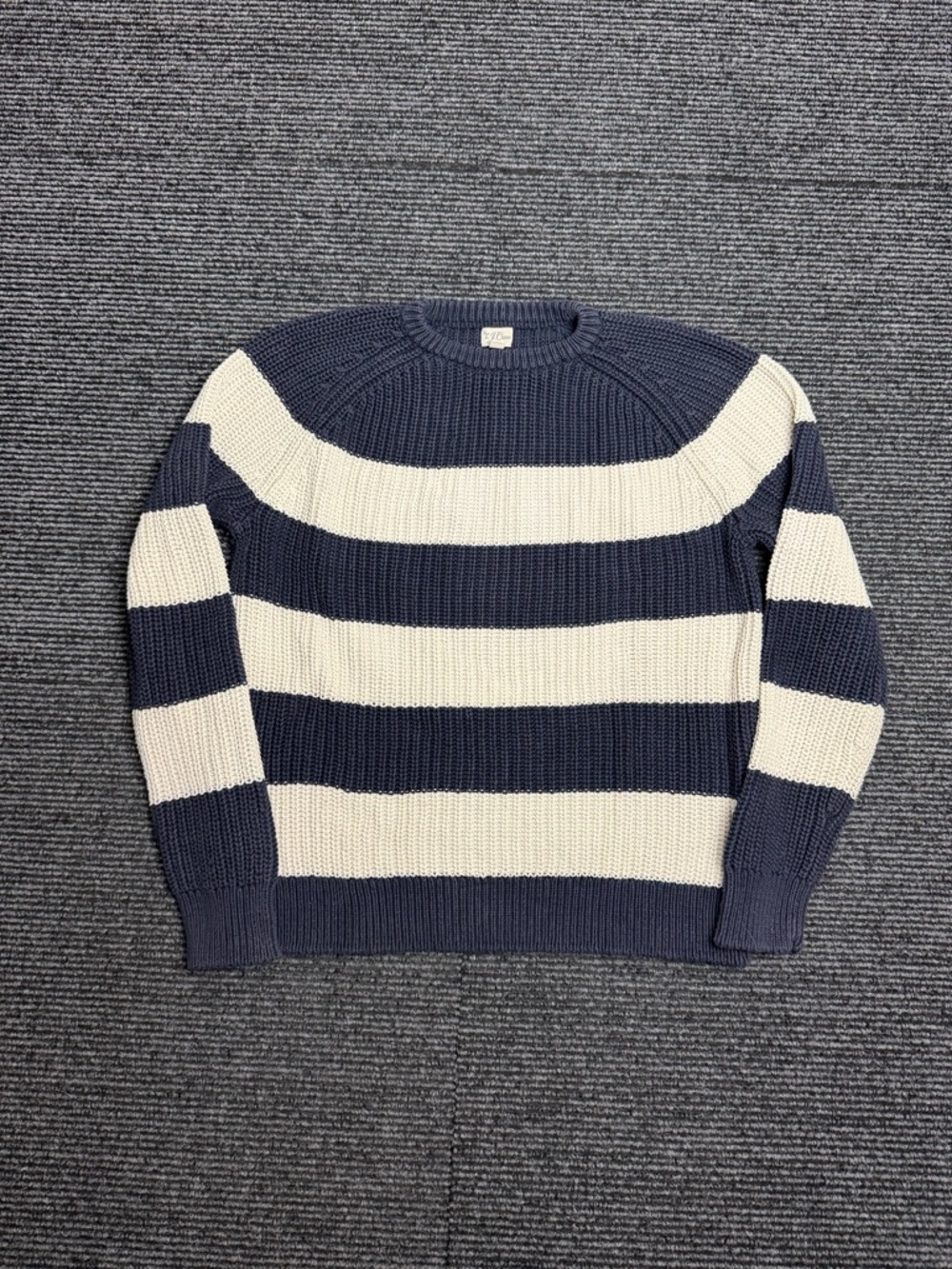 J Crew Sweater Men XL Blue Striped Shaker Stitch Heavy Cotton Fisherman Chunky